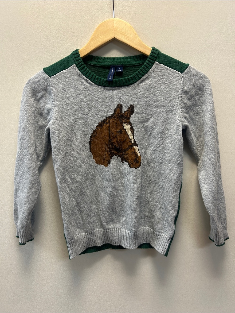 Equestrian Boy’s Horse Illustration Gray & Green Sweater